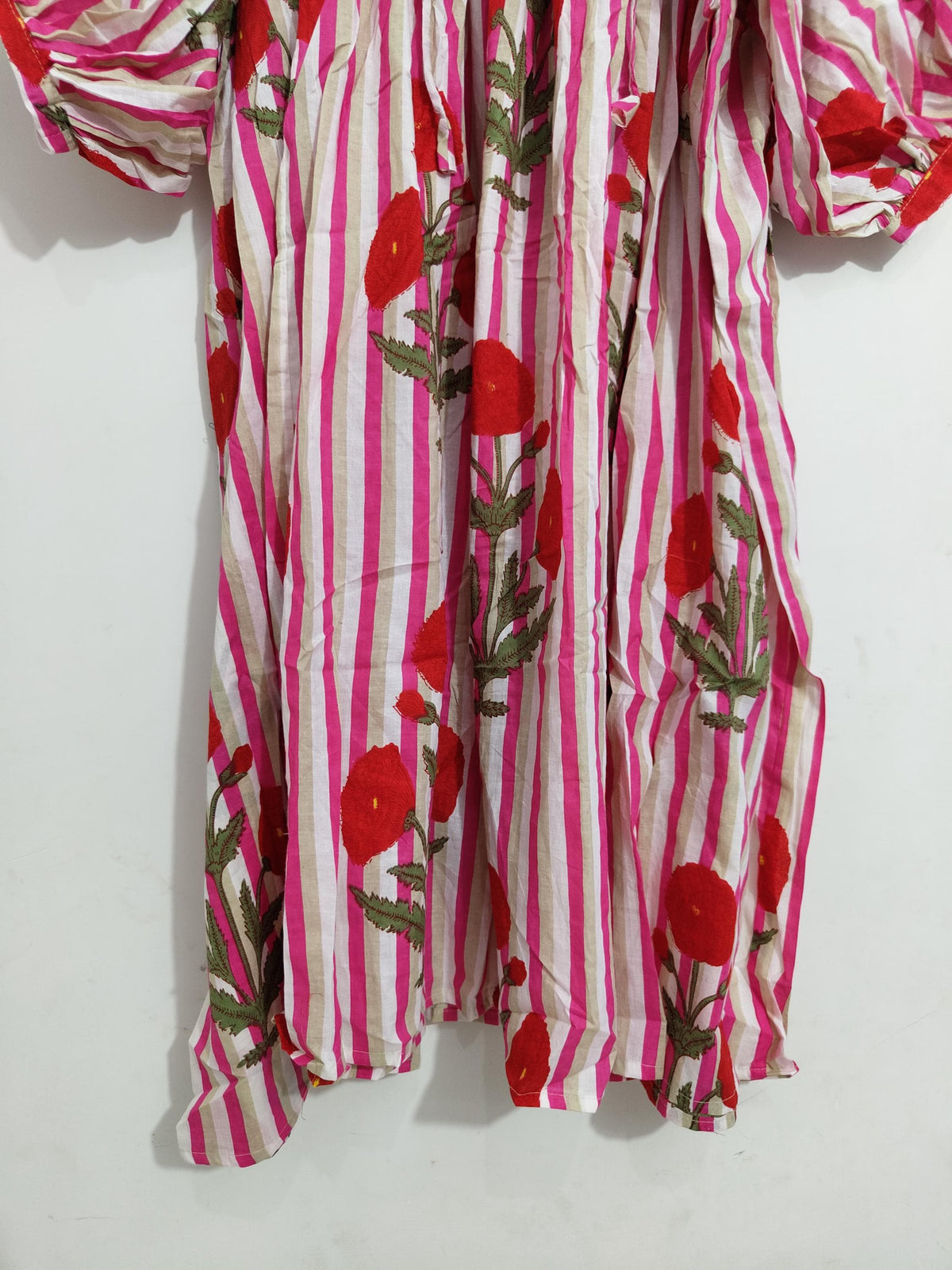 Pink Floral Cotton Midi Dress, Striped Balloon Sleeve, Block Print Boho Style