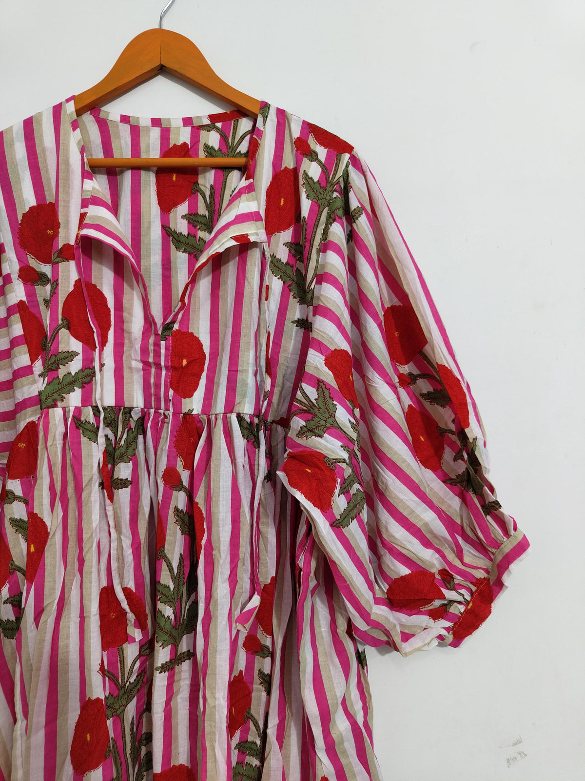 Pink Floral Cotton Midi Dress, Striped Balloon Sleeve, Block Print Boho Style