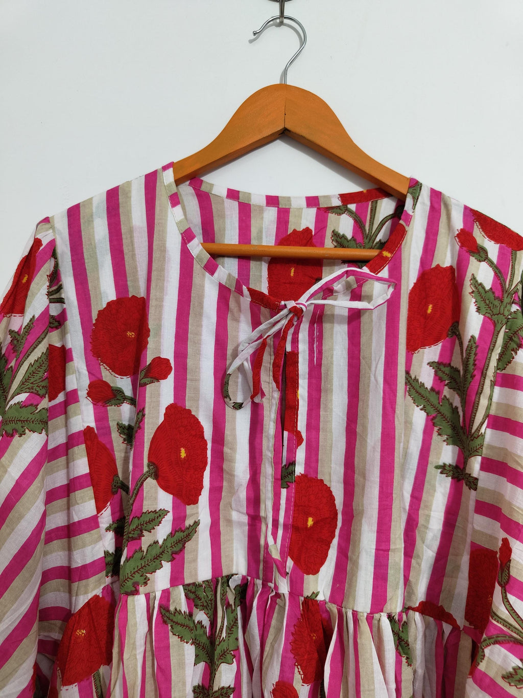Pink Floral Cotton Midi Dress, Striped Balloon Sleeve, Block Print Boho Style