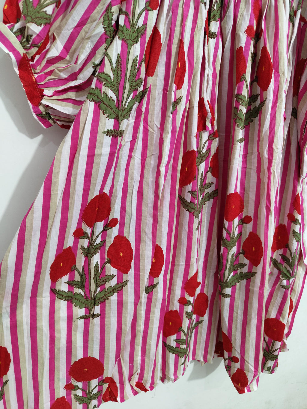 Pink Floral Cotton Midi Dress, Striped Balloon Sleeve, Block Print Boho Style