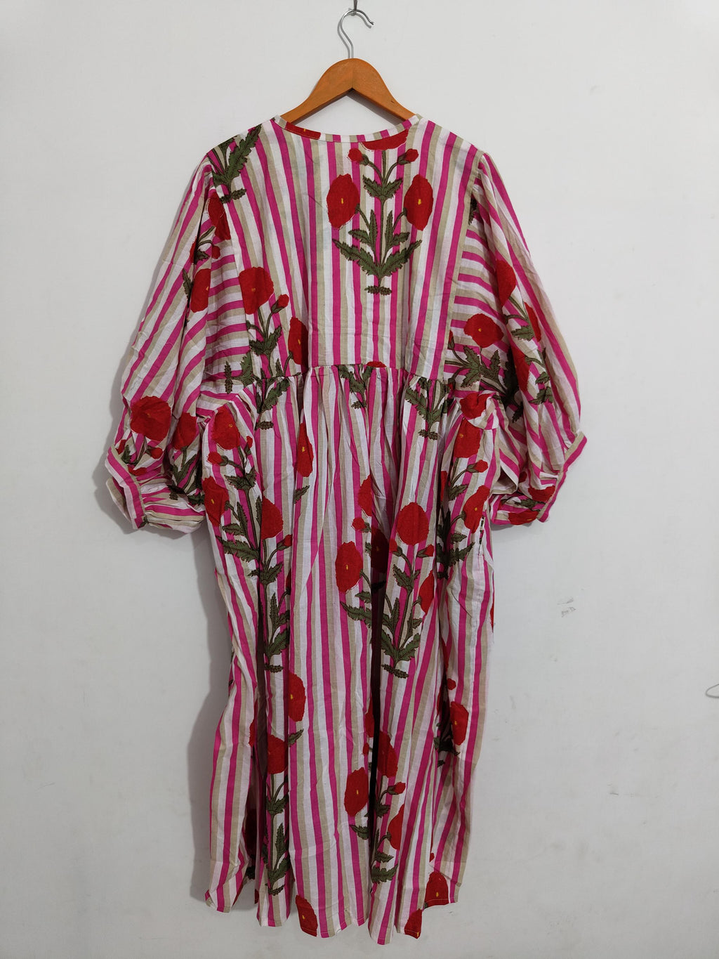 Pink Floral Cotton Midi Dress, Striped Balloon Sleeve, Block Print Boho Style