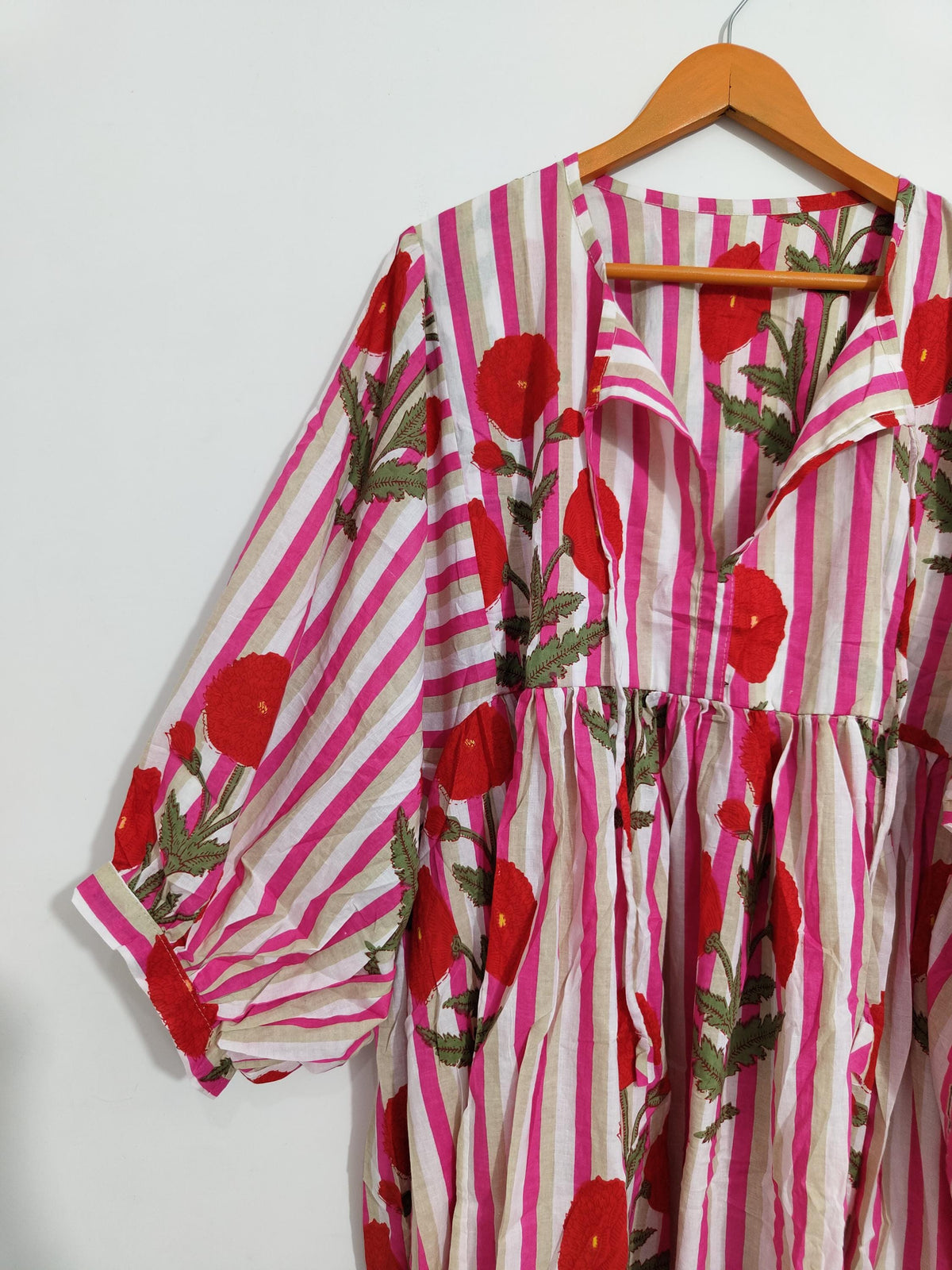 Pink Floral Cotton Midi Dress, Striped Balloon Sleeve, Block Print Boho Style