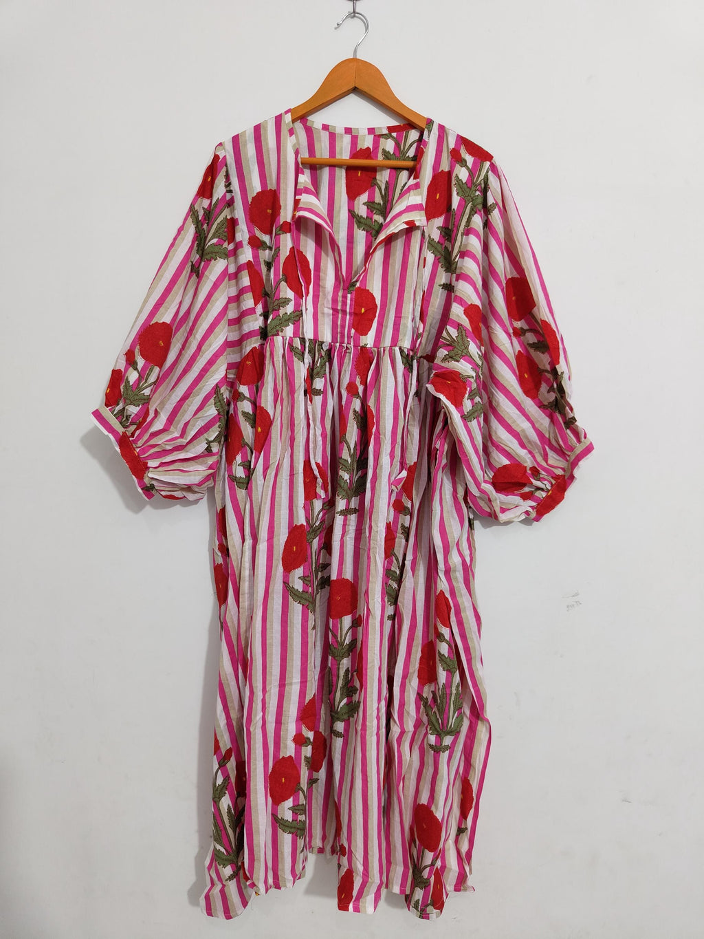 Pink Floral Cotton Midi Dress, Striped Balloon Sleeve, Block Print Boho Style