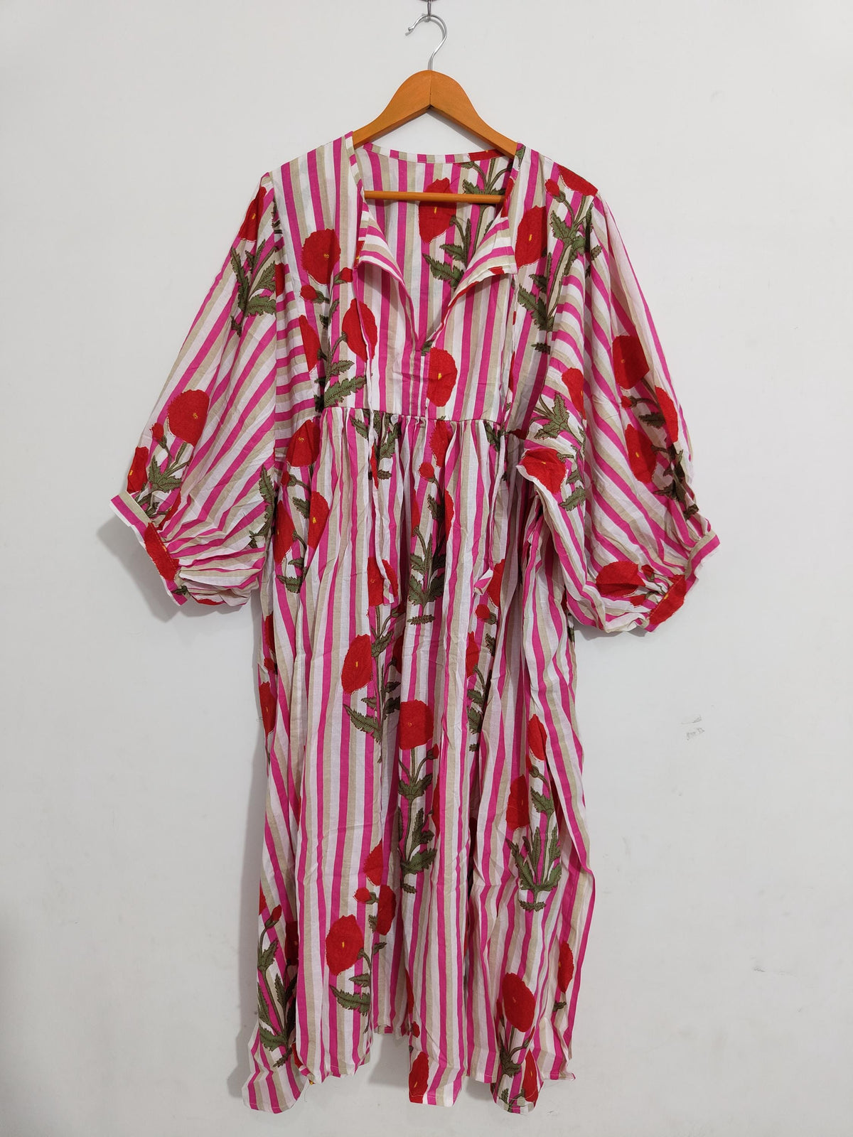 Pink Floral Cotton Midi Dress, Striped Balloon Sleeve, Block Print Boho Style