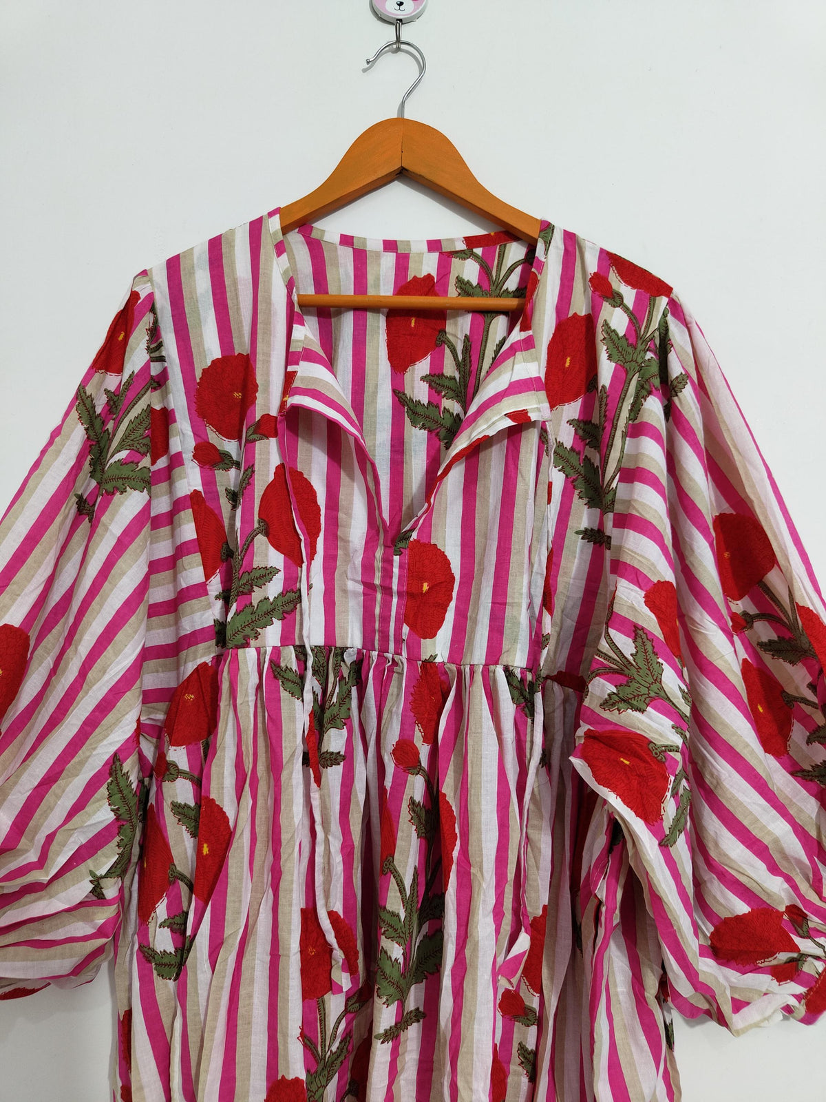 Pink Floral Cotton Midi Dress, Striped Balloon Sleeve, Block Print Boho Style