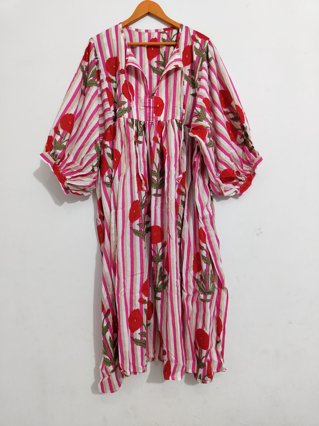 Pink Floral Cotton Midi Dress, Striped Balloon Sleeve, Block Print Boho Style