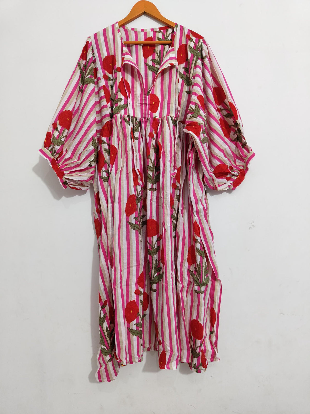 Pink Floral Cotton Midi Dress, Striped Balloon Sleeve, Block Print Boho Style