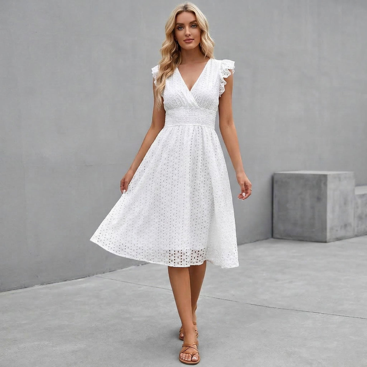 White Lace V Neck Dress | Sleeveless A Line Beach Boho Summer Outfit