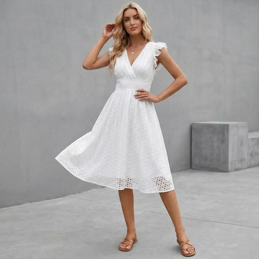 White Lace V Neck Dress | Sleeveless A Line Beach Boho Summer Outfit