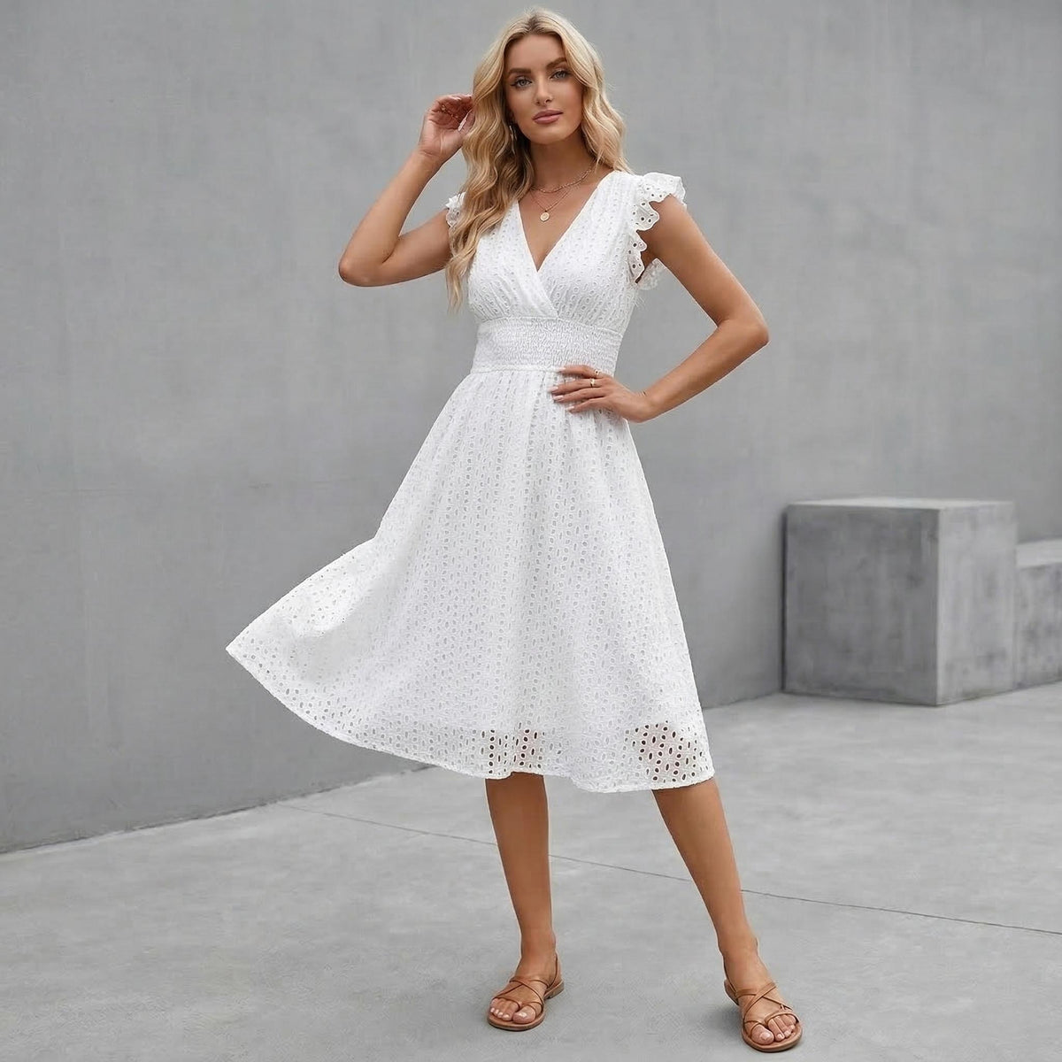 White Lace V Neck Dress | Sleeveless A Line Beach Boho Summer Outfit