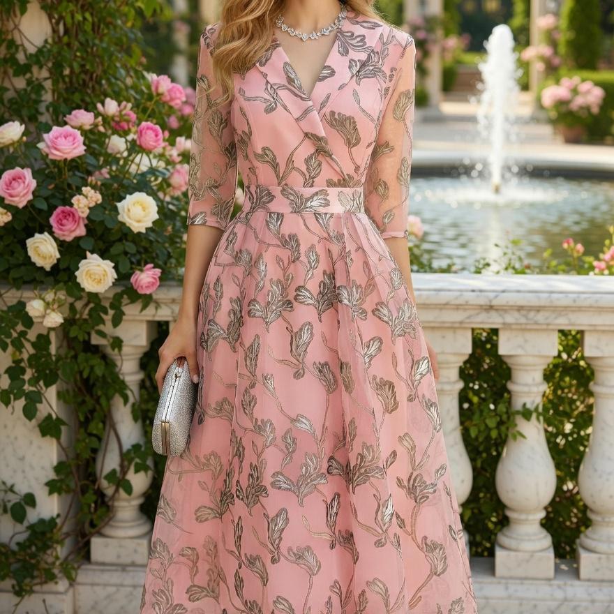 Elegant Leaf Pattern Wrap Midi Dress, French Style Tea Dress, Vintage Inspired Spring Summer