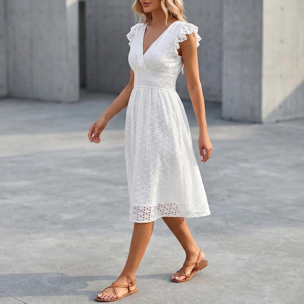 White Lace V Neck Dress | Sleeveless A Line Beach Boho Summer Outfit