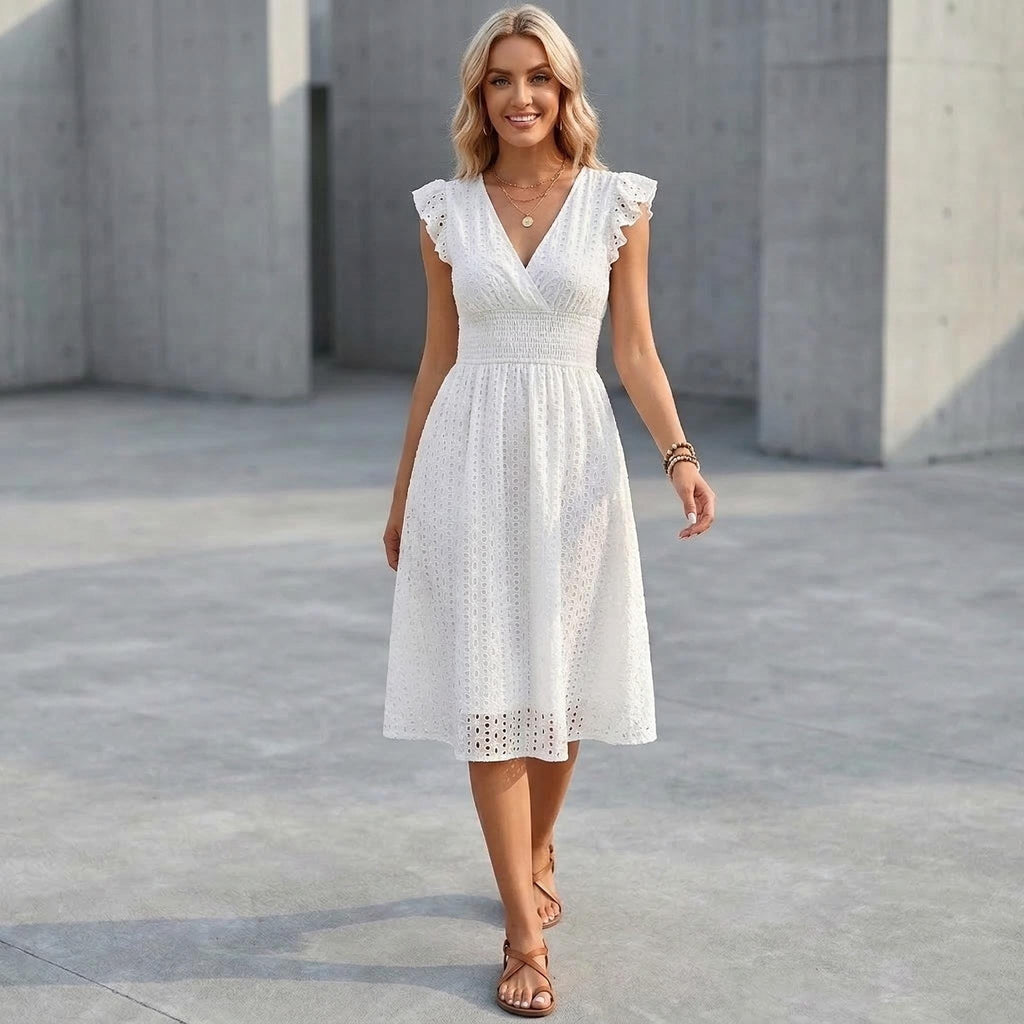 White Lace V Neck Dress | Sleeveless A Line Beach Boho Summer Outfit