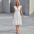 White Lace V Neck Dress | Sleeveless A Line Beach Boho Summer Outfit
