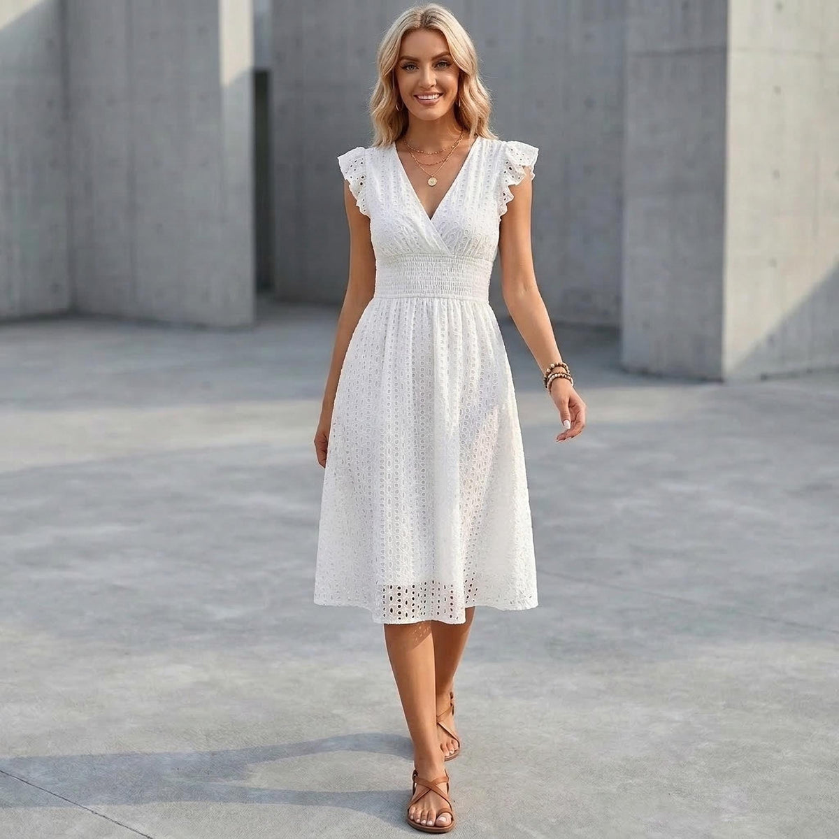 White Lace V Neck Dress | Sleeveless A Line Beach Boho Summer Outfit