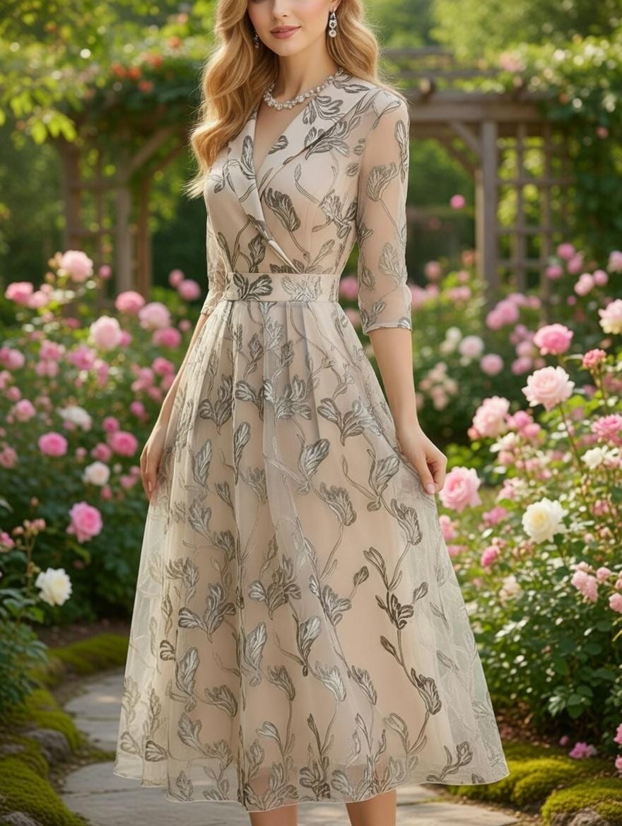 Elegant Leaf Pattern Wrap Midi Dress, French Style Tea Dress, Vintage Inspired Spring Summer