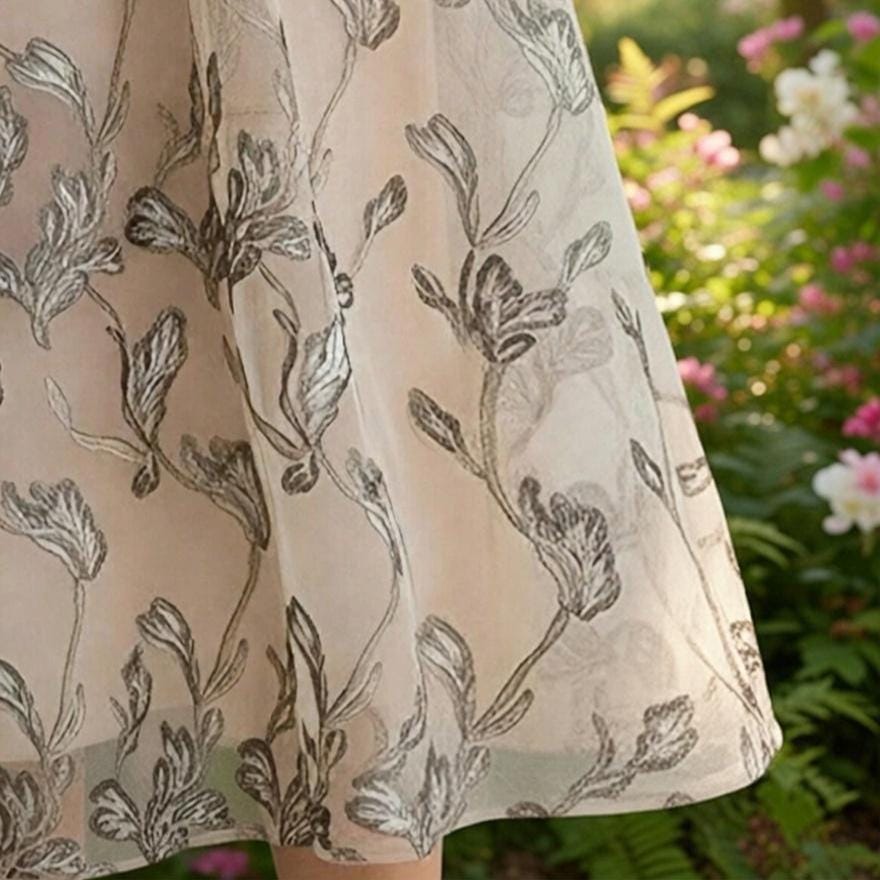 Elegant Leaf Pattern Wrap Midi Dress, French Style Tea Dress, Vintage Inspired Spring Summer