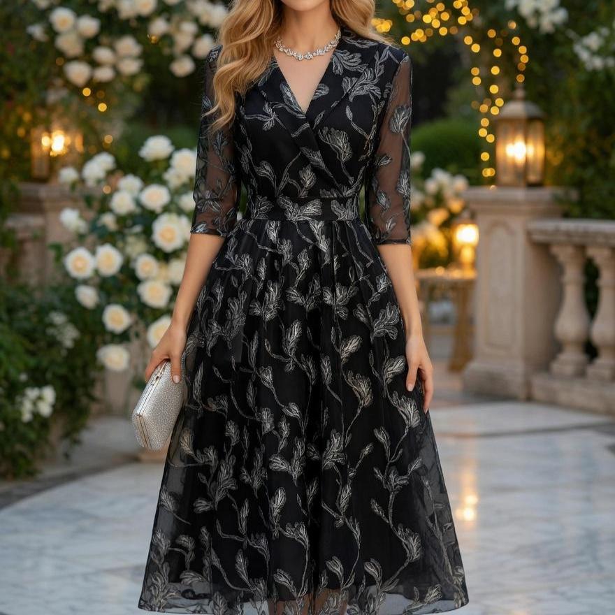 Elegant Leaf Pattern Wrap Midi Dress, French Style Tea Dress, Vintage Inspired Spring Summer