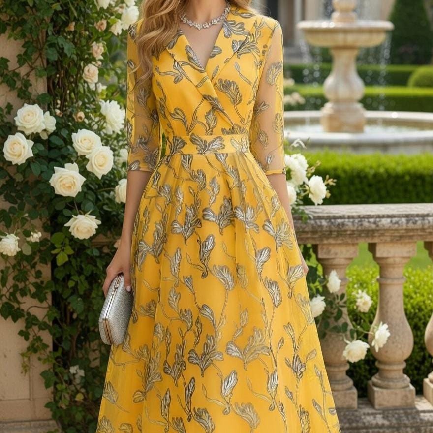 Elegant Leaf Pattern Wrap Midi Dress, French Style Tea Dress, Vintage Inspired Spring Summer
