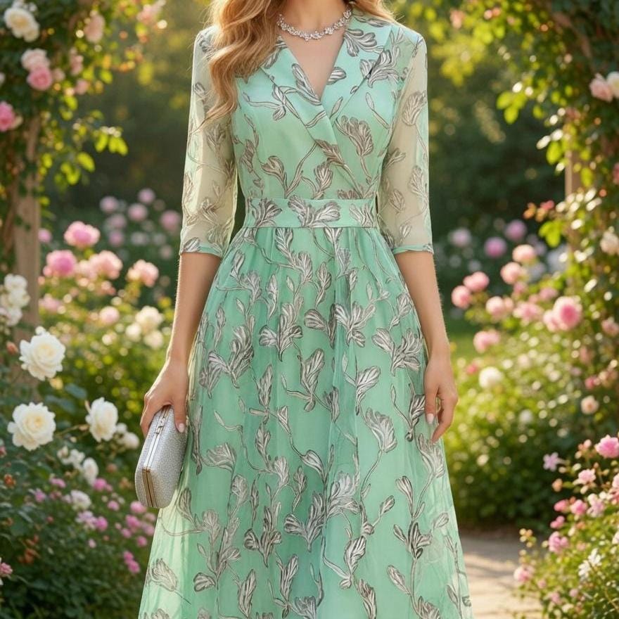 Elegant Leaf Pattern Wrap Midi Dress, French Style Tea Dress, Vintage Inspired Spring Summer