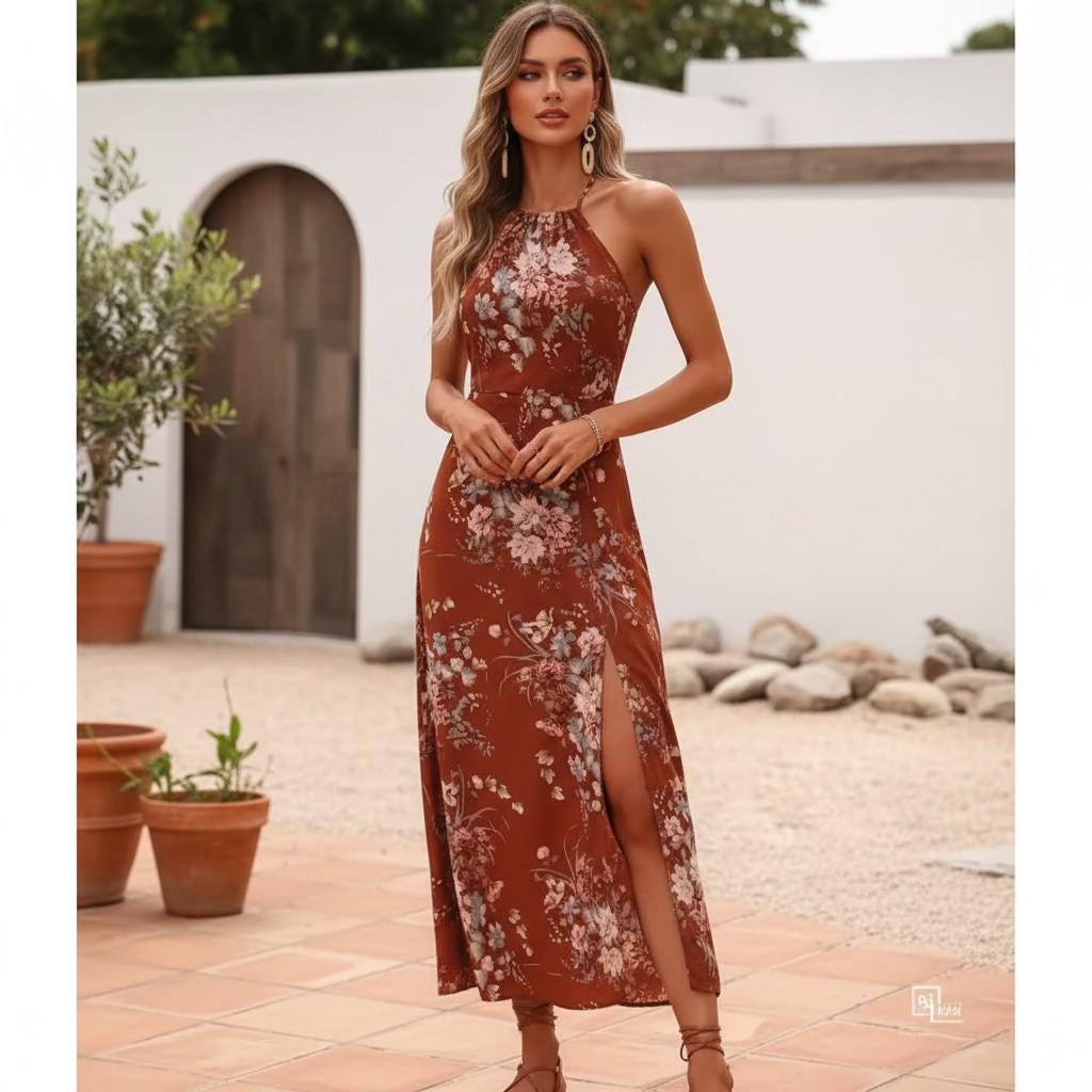 Floral Maxi Dress Women,Elegant Summer Evening Dress,Halter Neck Split Dress,Boho Vacation Dress,Romantic Floral Party Dress,Long Slit Dress