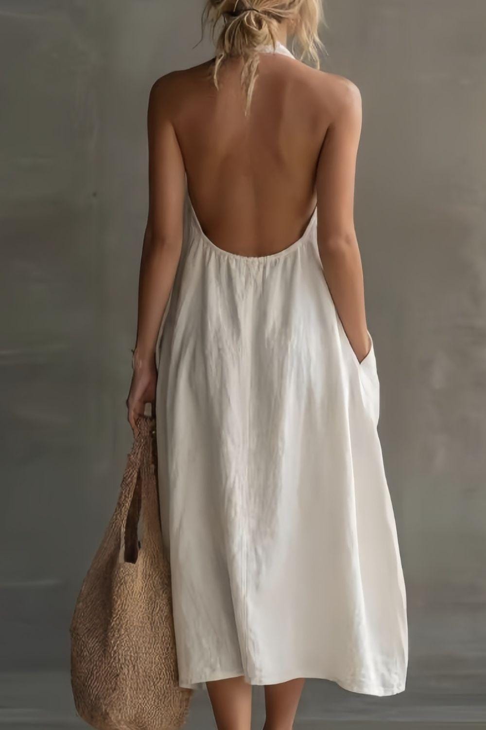 Summer Casual Halter Neck Pocket Midi Dress