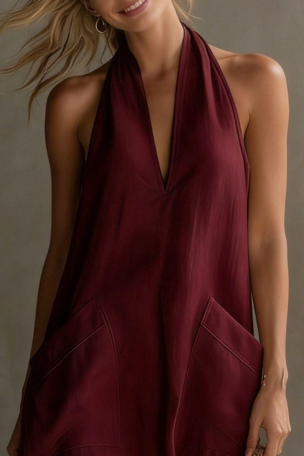 Summer Casual Halter Neck Pocket Midi Dress