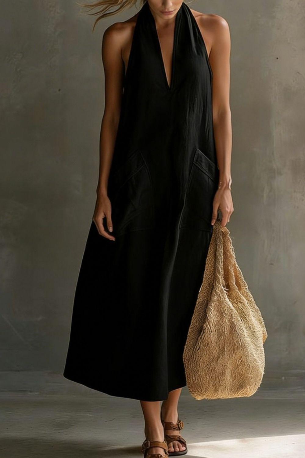Summer Casual Halter Neck Pocket Midi Dress
