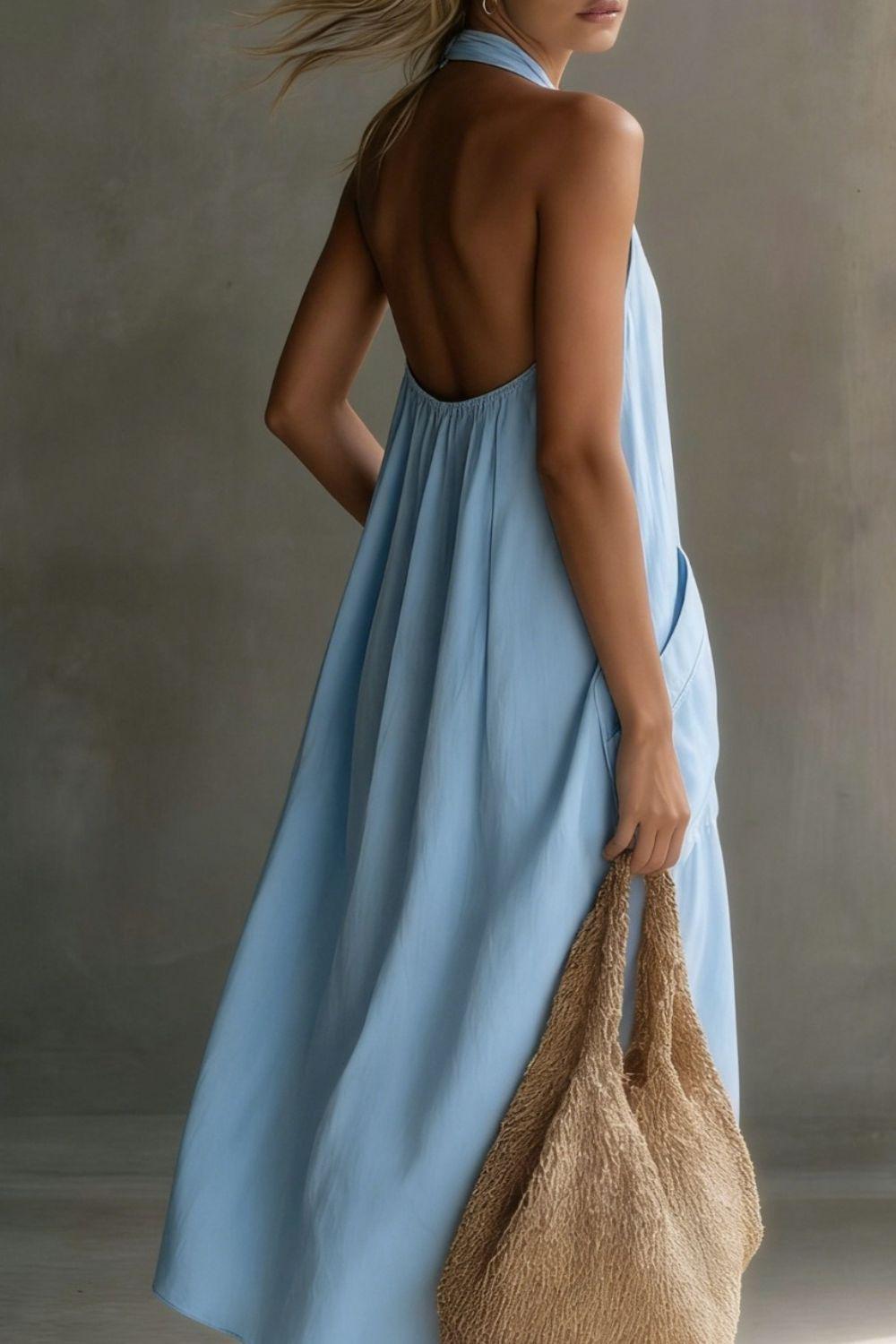 Summer Casual Halter Neck Pocket Midi Dress