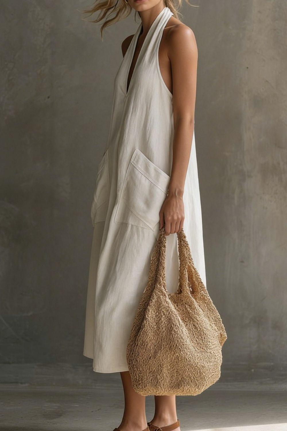 Summer Casual Halter Neck Pocket Midi Dress