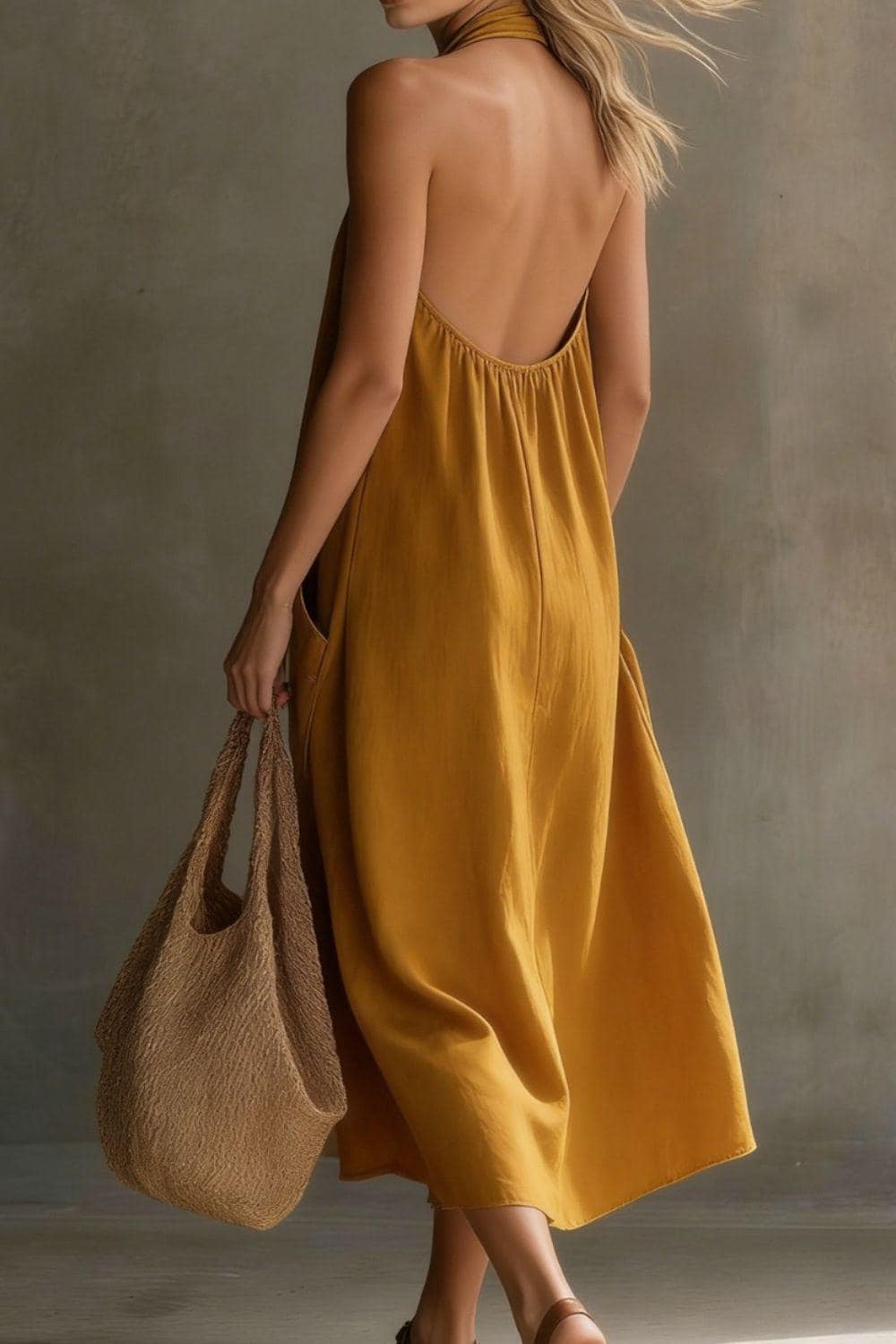 Summer Casual Halter Neck Pocket Midi Dress