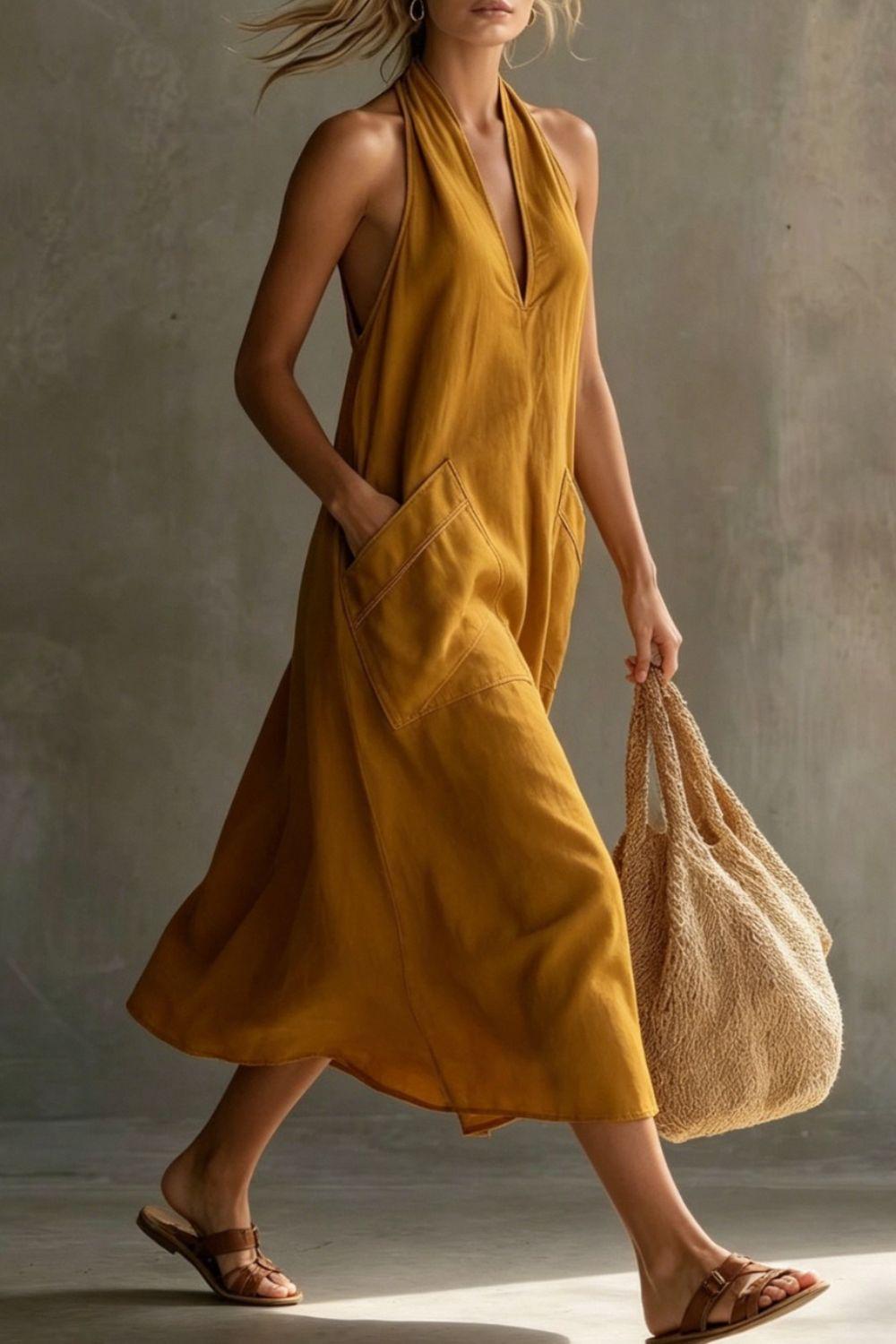 Summer Casual Halter Neck Pocket Midi Dress