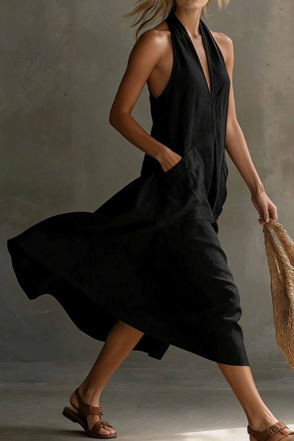 Summer Casual Halter Neck Pocket Midi Dress