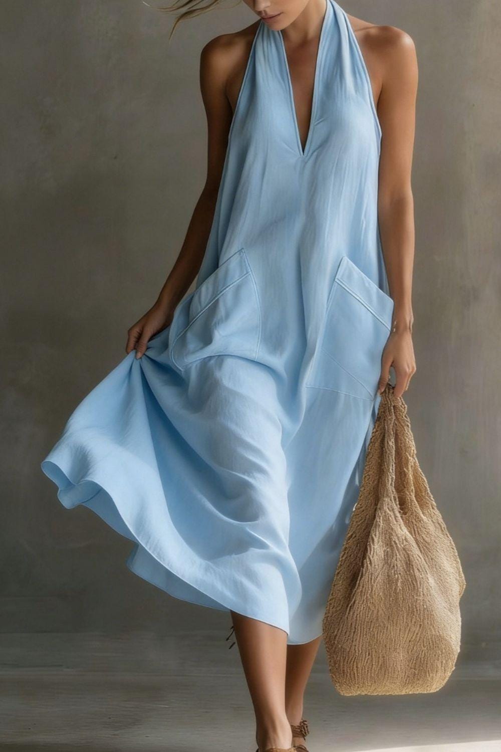 Summer Casual Halter Neck Pocket Midi Dress