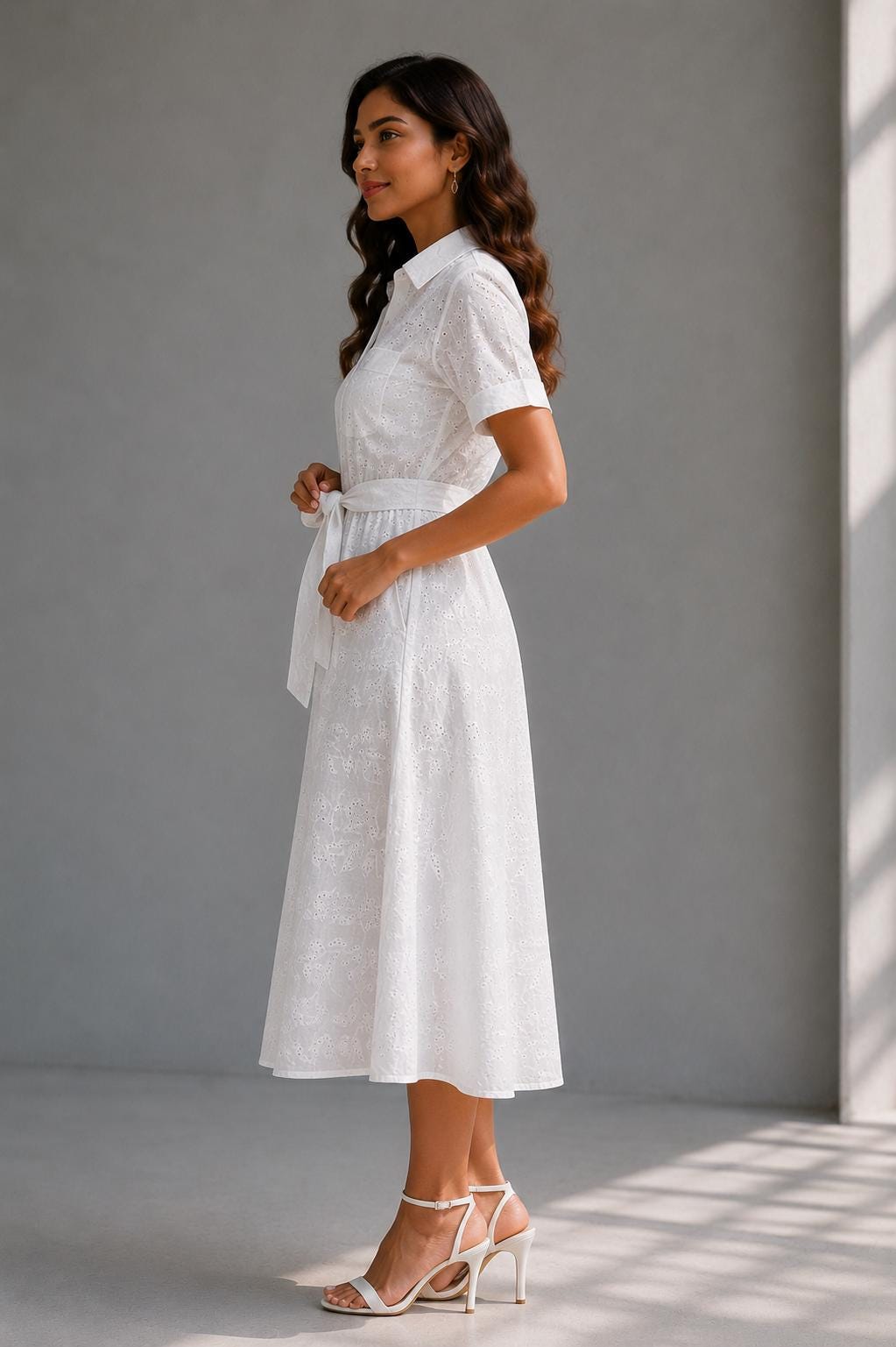 Eyelet Cotton Shirt Dress | Soft Summer Midi Dress | Beach Resort Wear