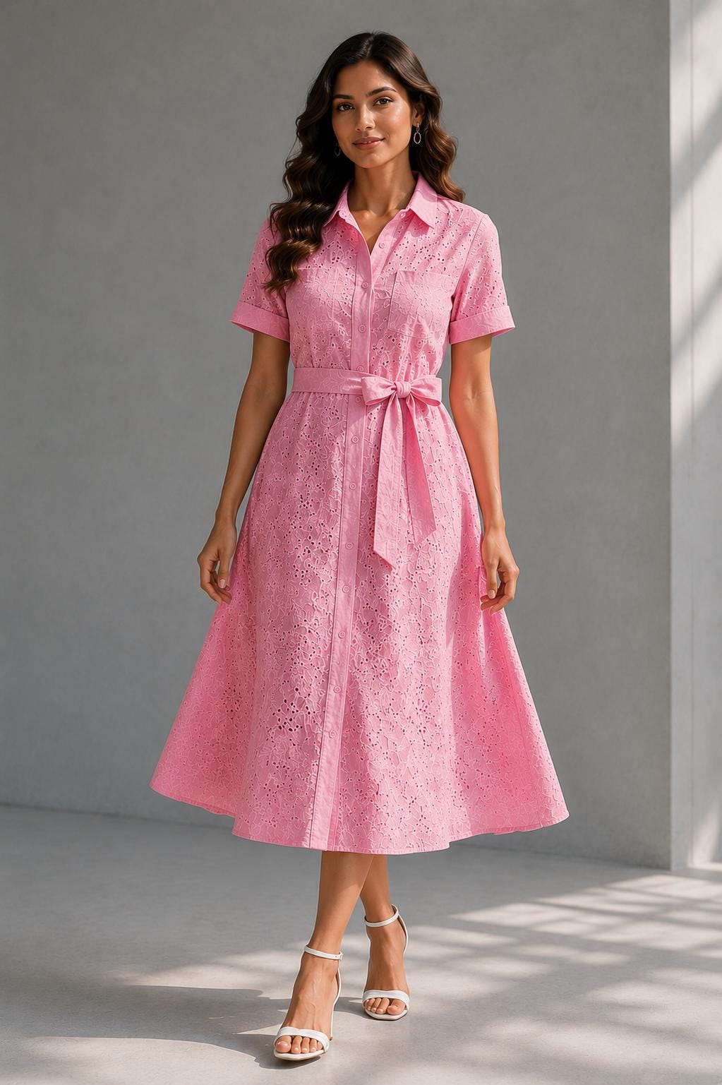 Eyelet Cotton Shirt Dress | Soft Summer Midi Dress | Beach Resort Wear