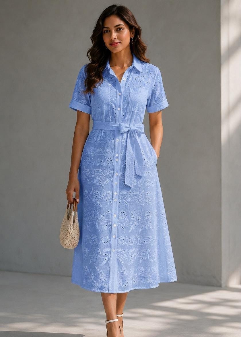 Eyelet Cotton Shirt Dress | Soft Summer Midi Dress | Beach Resort Wear