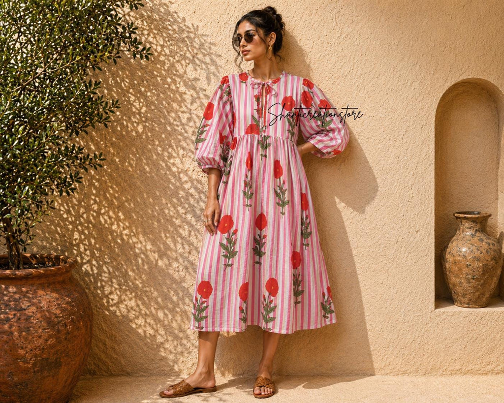 Pink Floral Cotton Midi Dress, Striped Balloon Sleeve, Block Print Boho Style