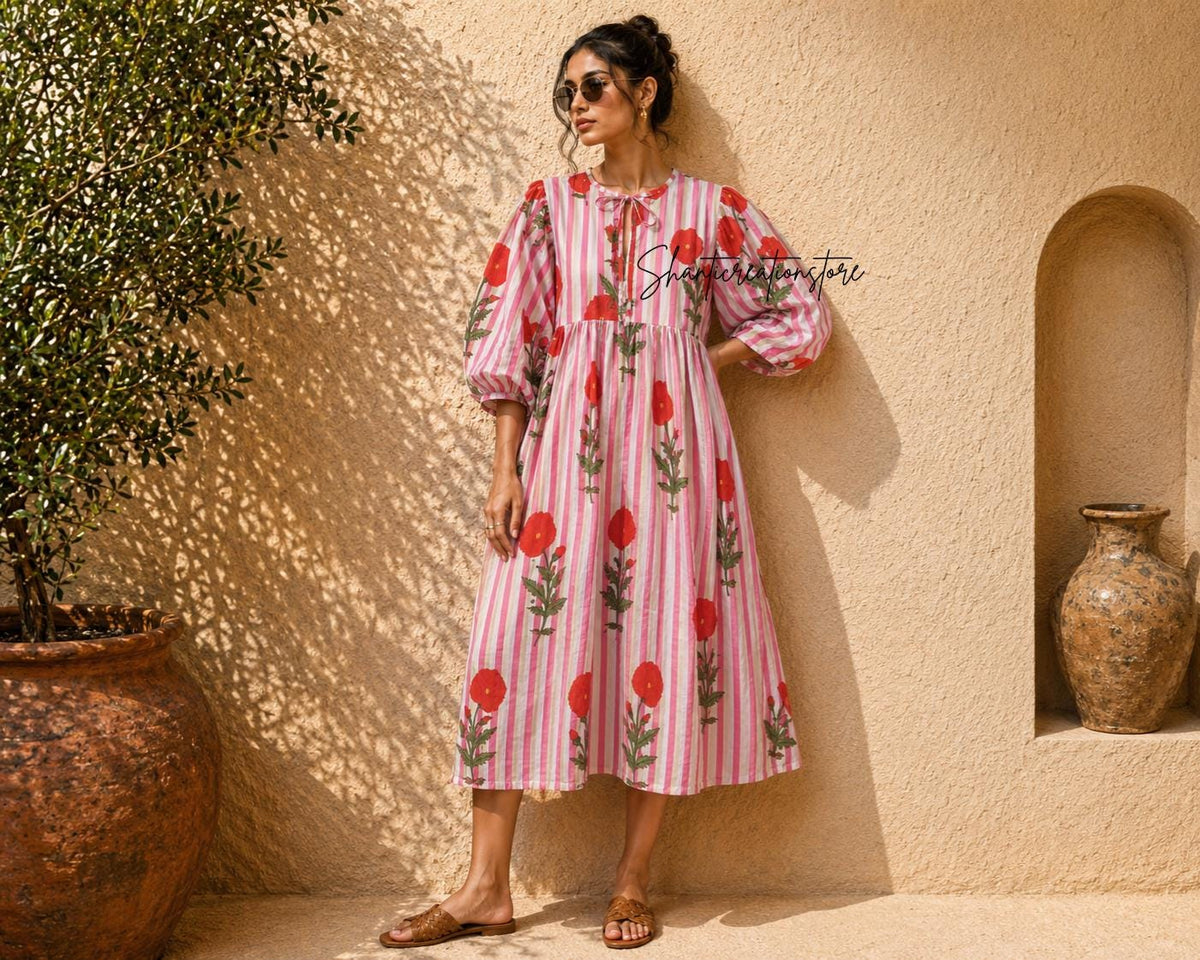 Pink Floral Cotton Midi Dress, Striped Balloon Sleeve, Block Print Boho Style