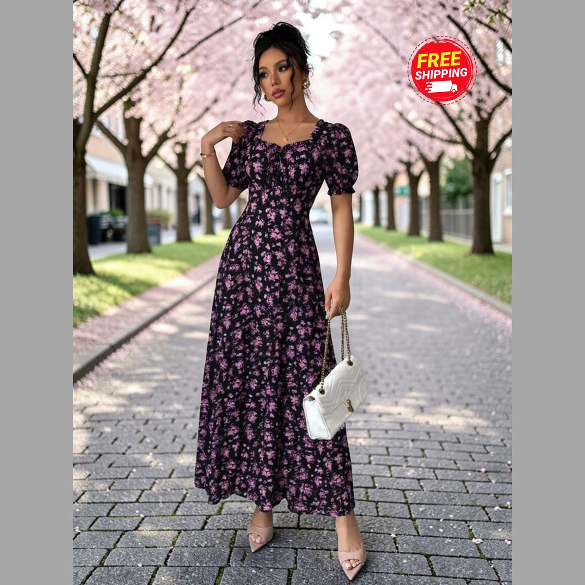 Floral Maxi Dress: Puff Sleeve Square Neck Summer Vacation Style