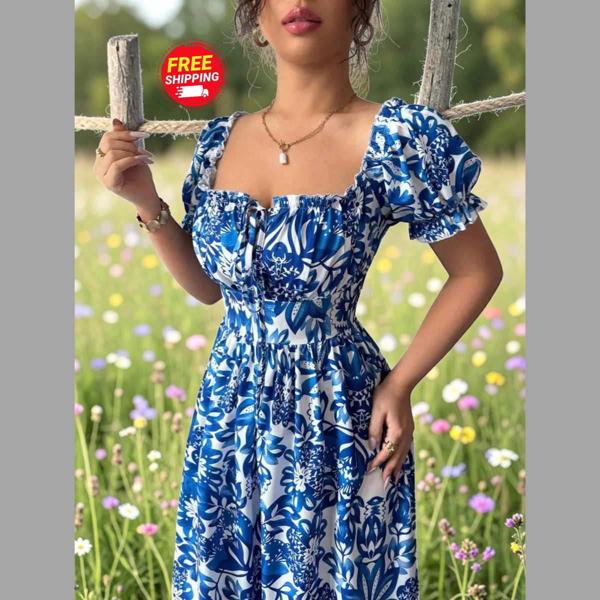 Floral Maxi Dress: Puff Sleeve Square Neck Summer Vacation Style