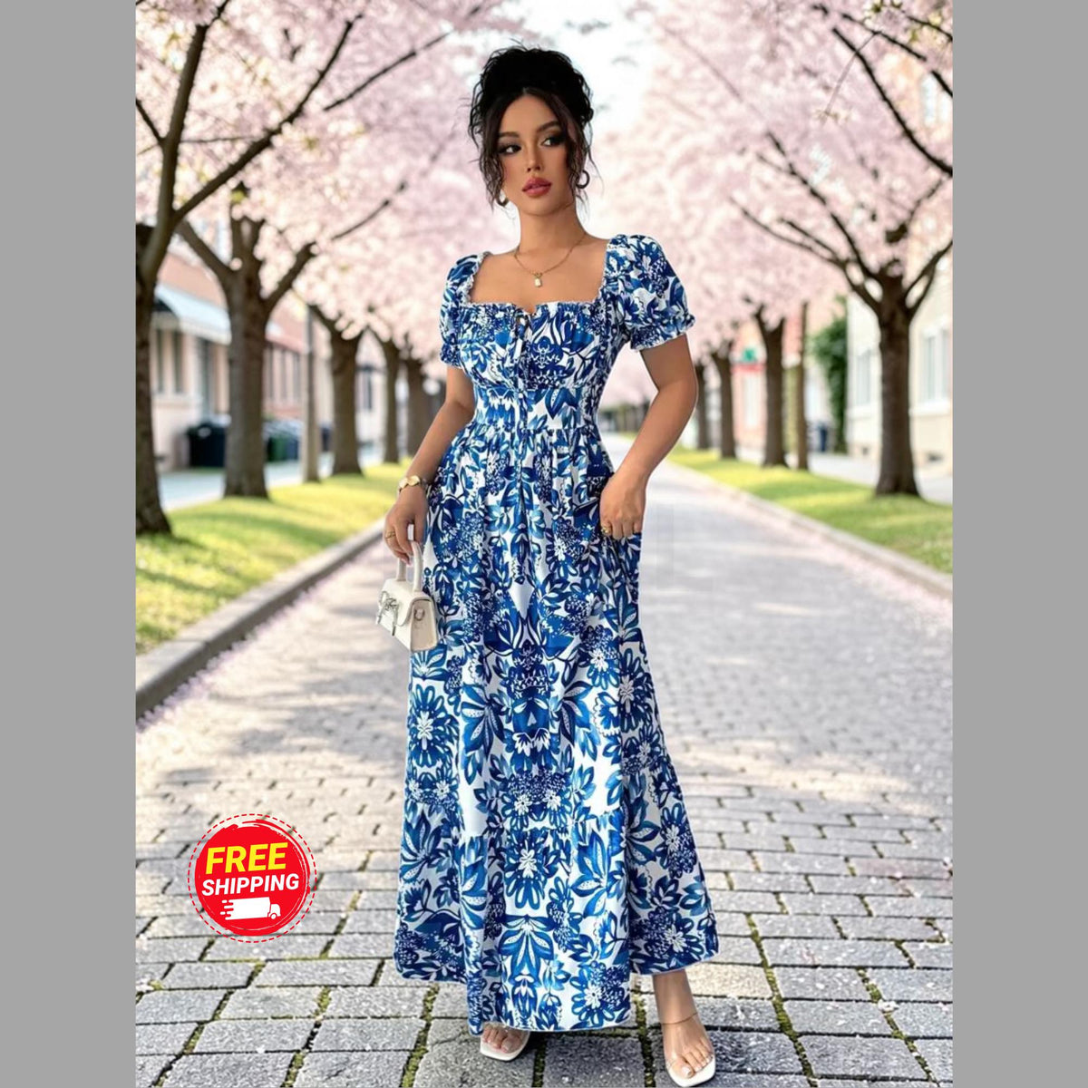 Floral Maxi Dress: Puff Sleeve Square Neck Summer Vacation Style