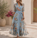Floral Chiffon Maxi Dress | Boho Wrap Style, Long Sleeve Vacation Outfit