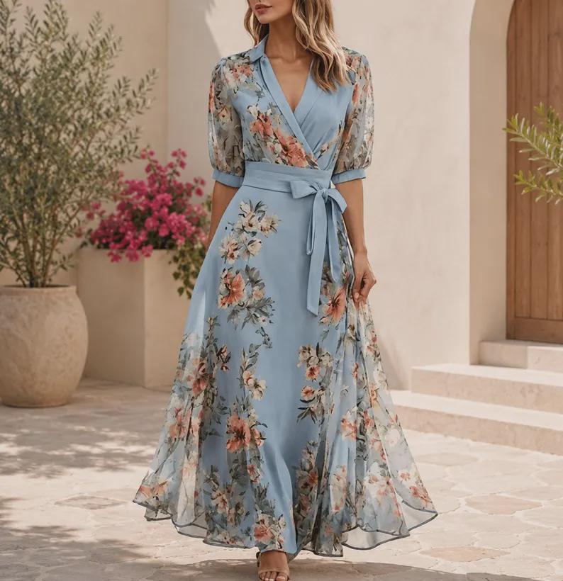 Floral Chiffon Maxi Dress | Boho Wrap Style, Long Sleeve Vacation Outfit