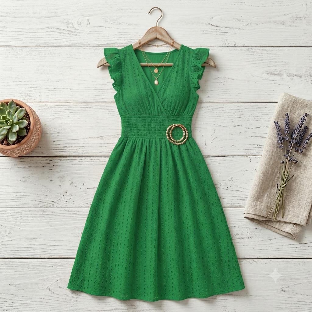 Women's Boho Beach Dress, V-Neck Flare Sleeve Sundress, Hollow Lace Waist Vacation Dress, Casual Summer Resort Wear, Gift for Her
