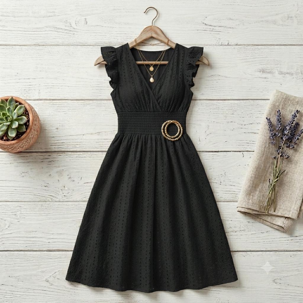 Women's Boho Beach Dress, V-Neck Flare Sleeve Sundress, Hollow Lace Waist Vacation Dress, Casual Summer Resort Wear, Gift for Her