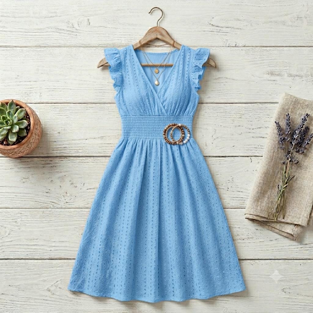 Women's Boho Beach Dress, V-Neck Flare Sleeve Sundress, Hollow Lace Waist Vacation Dress, Casual Summer Resort Wear, Gift for Her