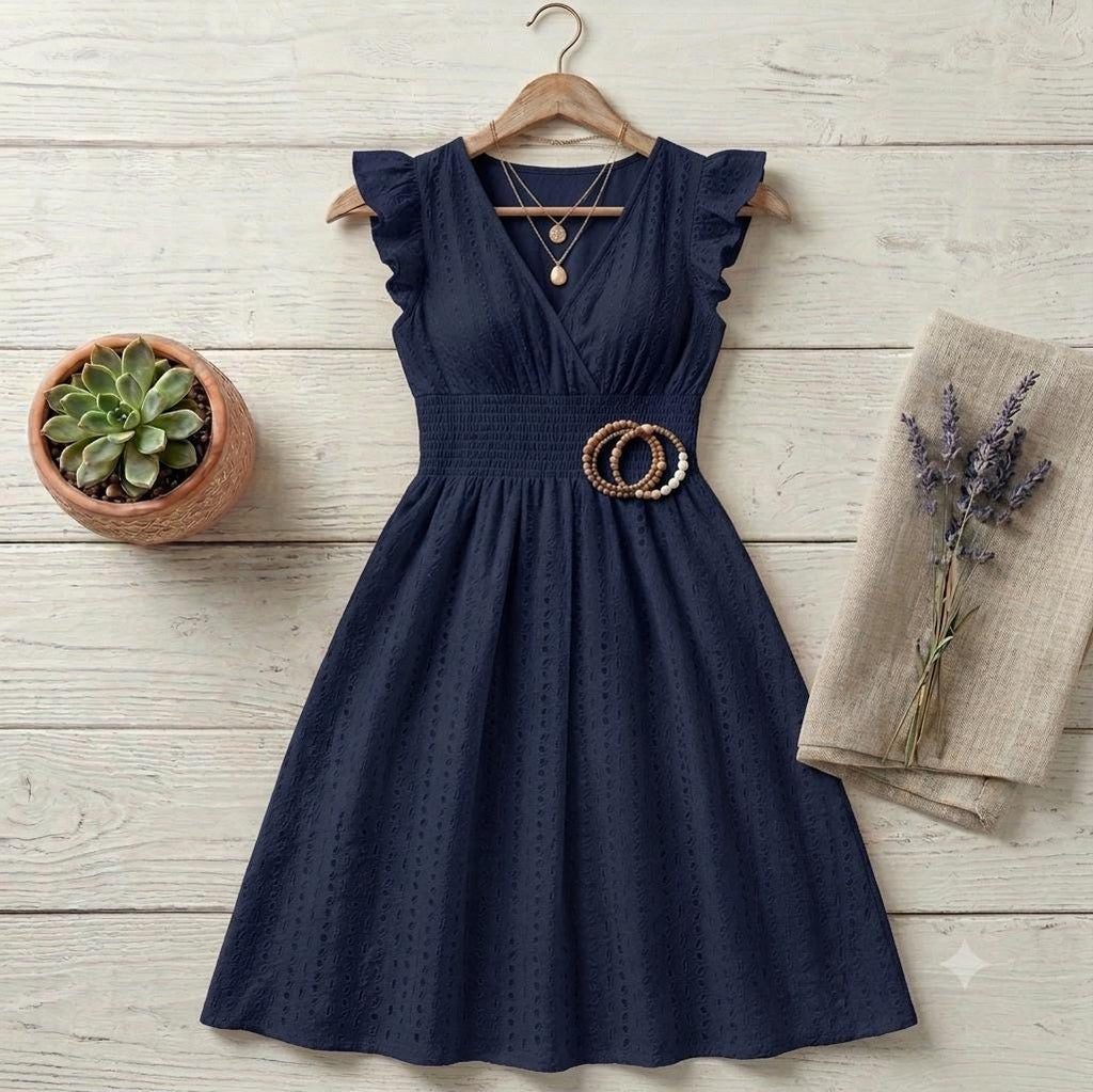 Women's Boho Beach Dress, V-Neck Flare Sleeve Sundress, Hollow Lace Waist Vacation Dress, Casual Summer Resort Wear, Gift for Her