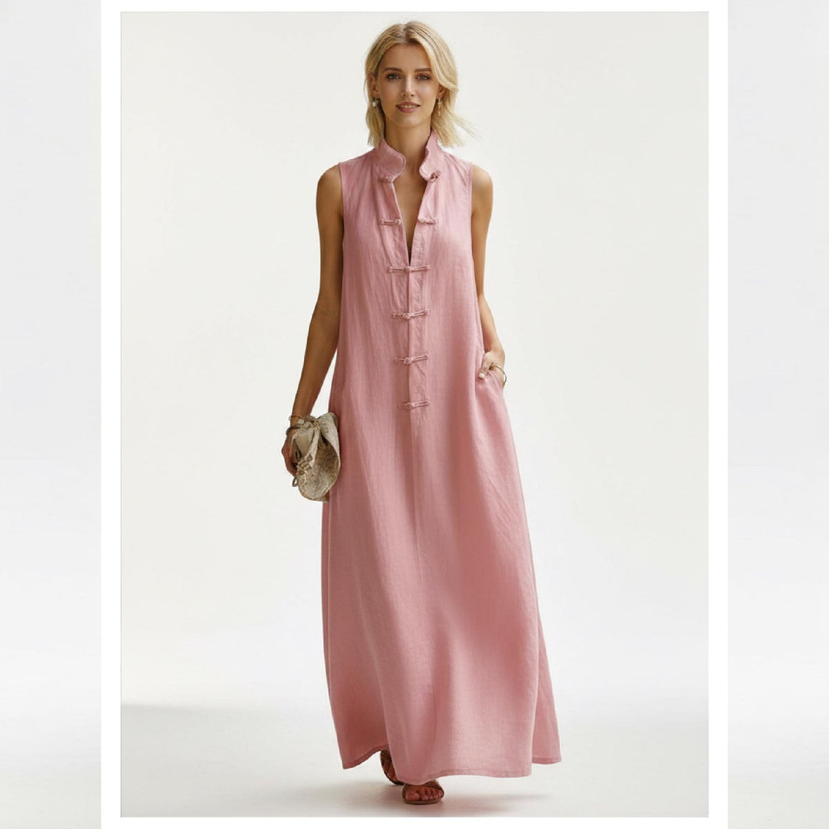 Women Linen Look Midi Dress Sleeveless A-Line Wrap Dress Elegant Minimalist Dress Summer Maxi Dress