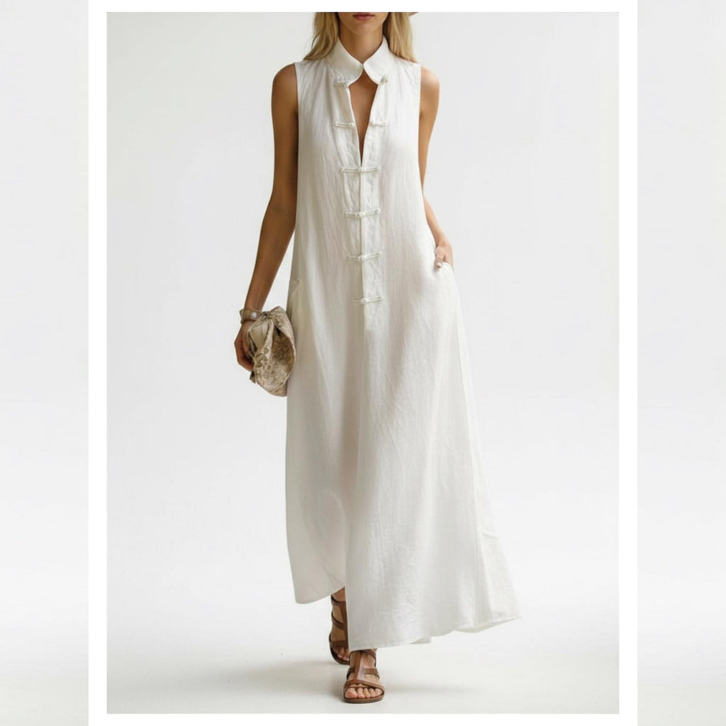 Women Linen Look Midi Dress Sleeveless A-Line Wrap Dress Elegant Minimalist Dress Summer Maxi Dress